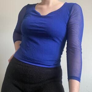 Vintage y2k cobalt blue sparkle micro mesh semi sheer 3/4 sleeve top L